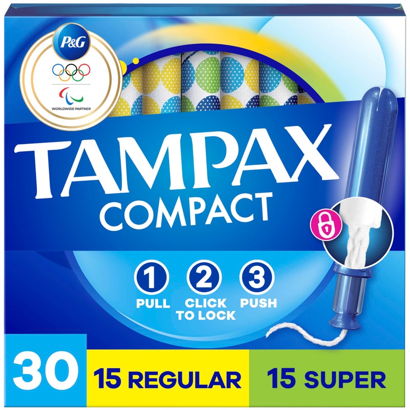 Tampax Compact Pearl Tampons Multipack, with LeakGuard Braid & Extendable Applicator, Regular/Super Absorbency, Compact Extendable Applicator, Unscented, 30 Count - Image 1